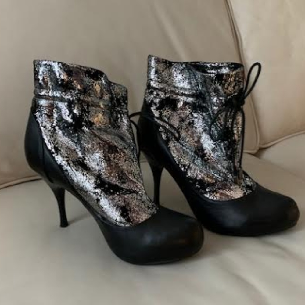 Italian Leather Shimmer Stiletto Booties - Size 38